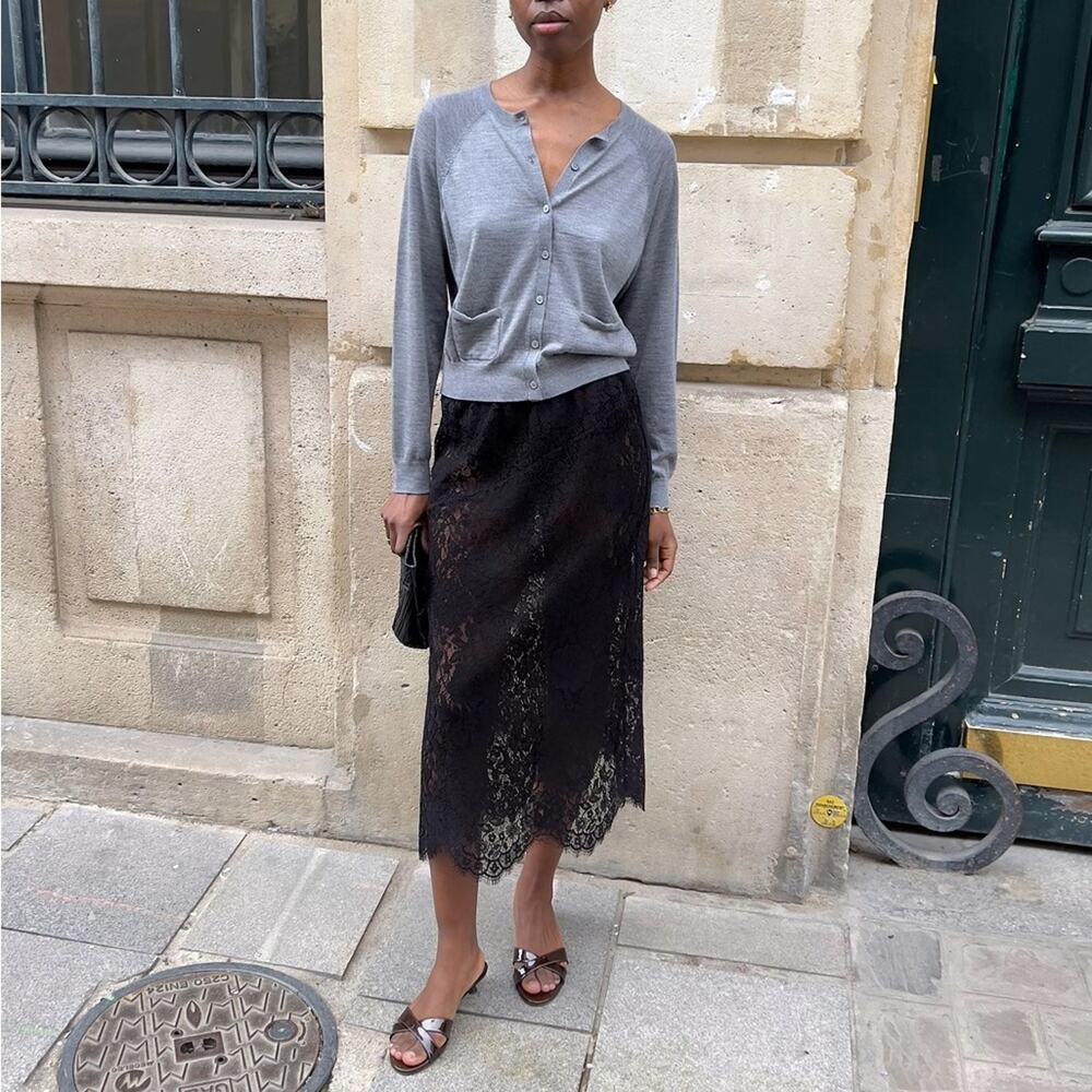 Doen Nandi Lace Sheer Scalloped Pencil Straight Midi Long Skirt Black